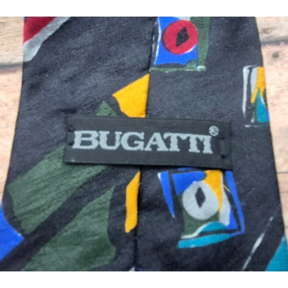 Bugatti Neck Tie 100% Italian Silk Made in USA Geometric Funky Vintage 80's 4